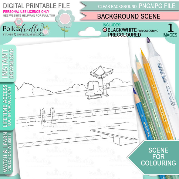 Swimming Pool Scene - Scene background for colouring. Printable craft digital stamp download
