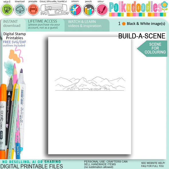 Colouring scene Across the sea icebergs  (inc set 2)for card making, craft, scrapbook, junk journals