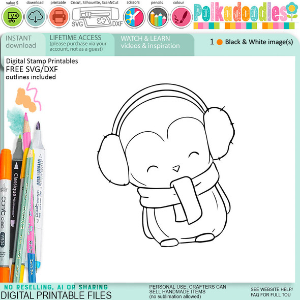 Earmuffs Theo Penguin - BLACK/WHITE printable digital stamp, card making, craft, sticker, junk journal, scrapbook