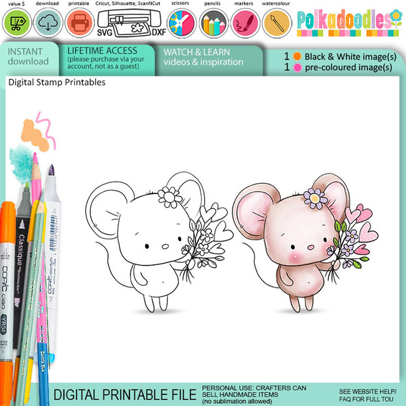 Mouse with flowers cute digital stamp & clipart for card making, craft, scrapbooking.