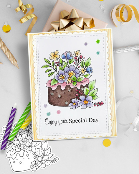 Flower Birthday celebration cake with candles digital stamp & clipart for card making, craft, scrapbooking