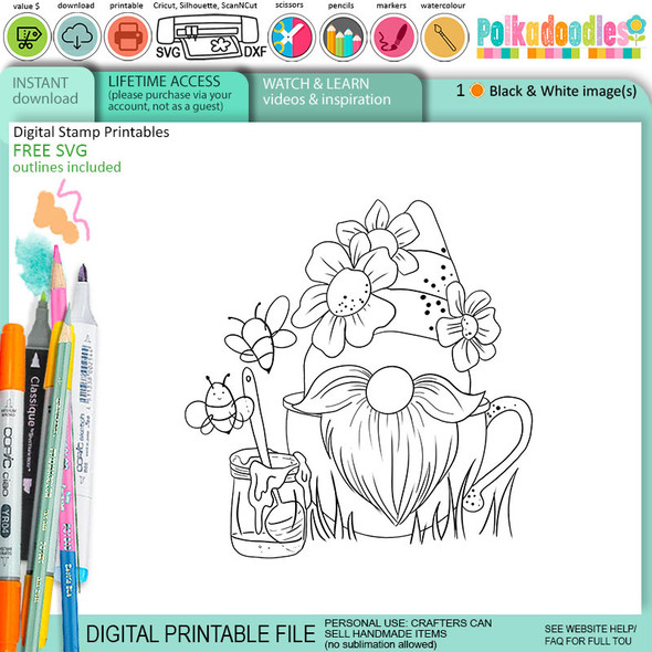 Cup of Honey Bee Buzzy Gnome cute digital stamp line art– Printables for Card Making, Scrapbooking and Junk Journaling