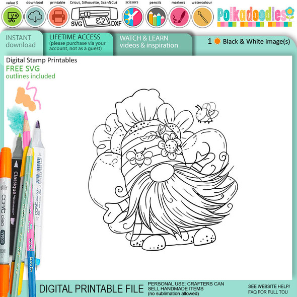 Lets Get Bee-zy. Bee Buzzy Gnome cute black/white digital stamp – Printables for Card Making, Scrapbooking and Junk Journaling