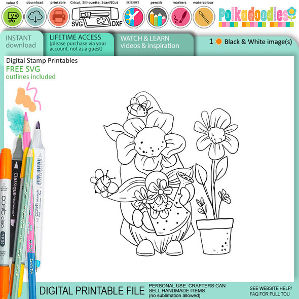 Gnome Grown Bee Buzzy Gnome cute black/white digital stamp – Printables for Card Making, Scrapbooking and Junk Journaling