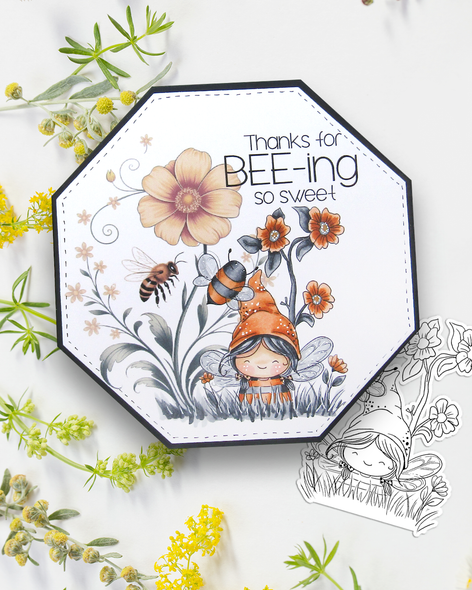 Bee cute - Bee Buzzy Gnome cute black/white digital stamp – Printables for Card Making, Scrapbooking and Junk Journaling.