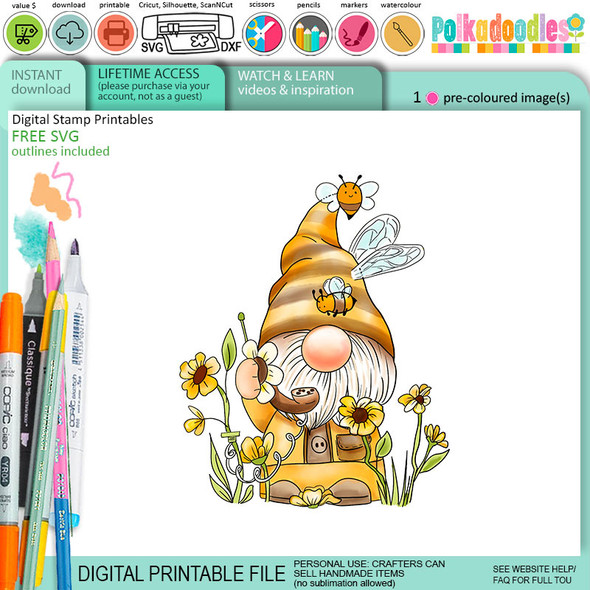 Whats the Buzz - Bee Buzzy Gnome cute precoloured clipart – Printables for Card Making, Scrapbooking and Junk Journaling.