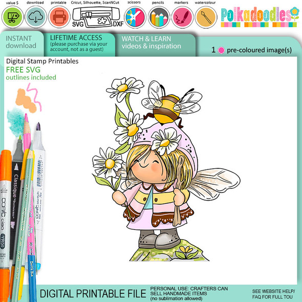 Buddies - Bee Buzzy girl Gnome cute precoloured clipart – Printables for Card Making, Scrapbooking and Junk Journaling.