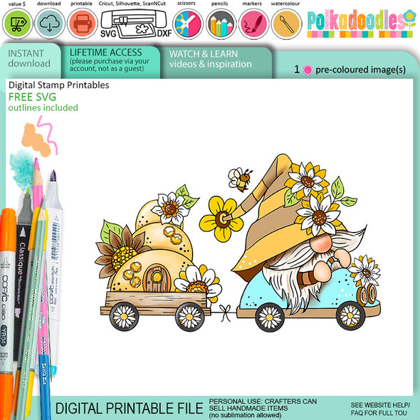 Road Trip car - Bee Buzzy Gnome cute precoloured clipart – Printables for Card Making, Scrapbooking and Junk Journaling.