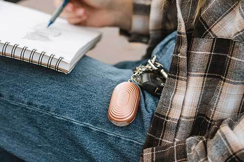 personal alarm on college student's lap