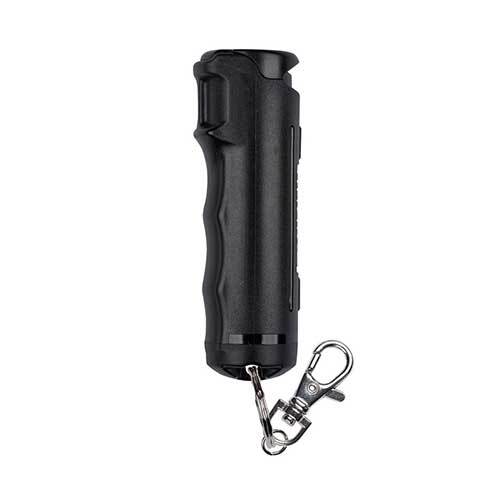 Hand-held pepper gel with a flip top safety