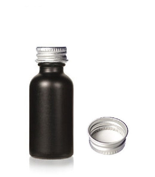 1 oz Matt Black -colored clear glass bottle w/ Silver 20-400 lid with foam liner