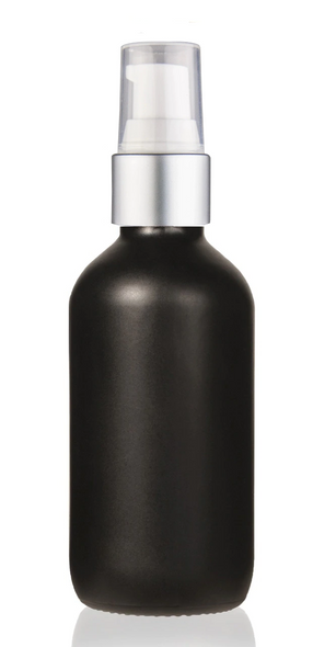 1 oz Matt Black Glass Bottle w/ Matte silver and White Treatment Pump