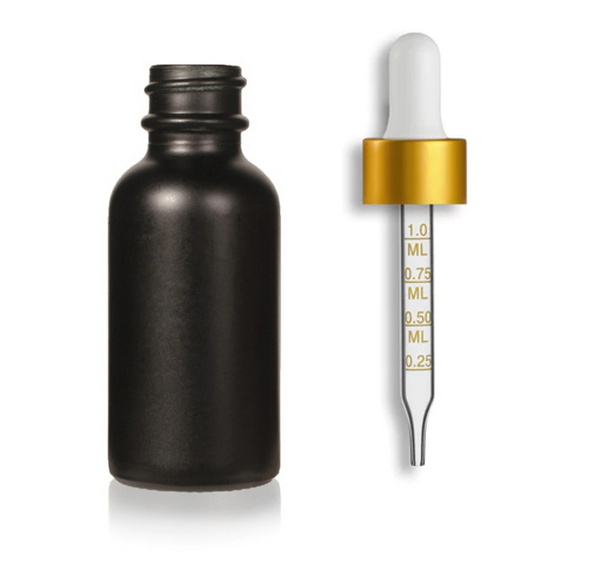1 oz Matte Black Glass Bottle w/ White-Matt Gold Calibrated Glass Dropper