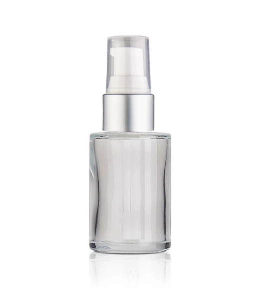 1 oz Clear Cylinder Glass Bottle with Matt Silver White Treatment Pump