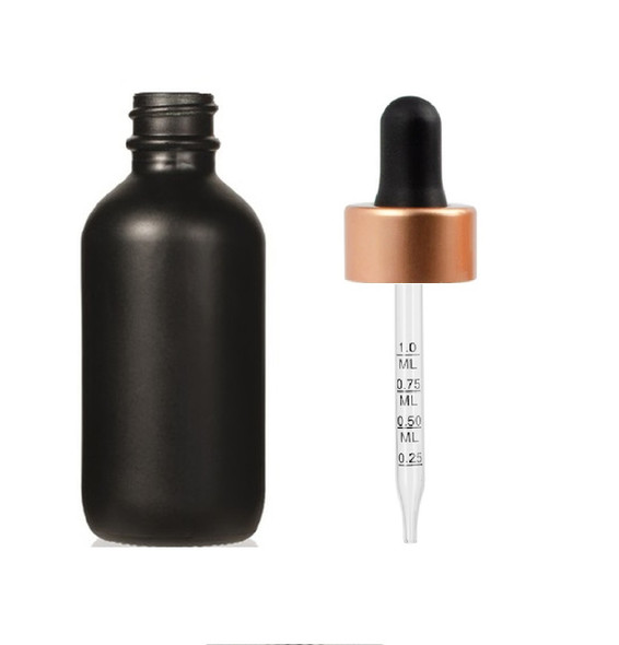 1 oz Matt Black Glass Bottle w/ Black-Rose Gold Calibrated Glass Dropper