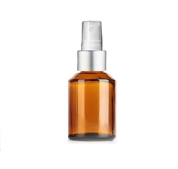 1 oz Amber Cylinder Slope Glass Bottle w/ White Matt Silver Fine Mist Sprayer