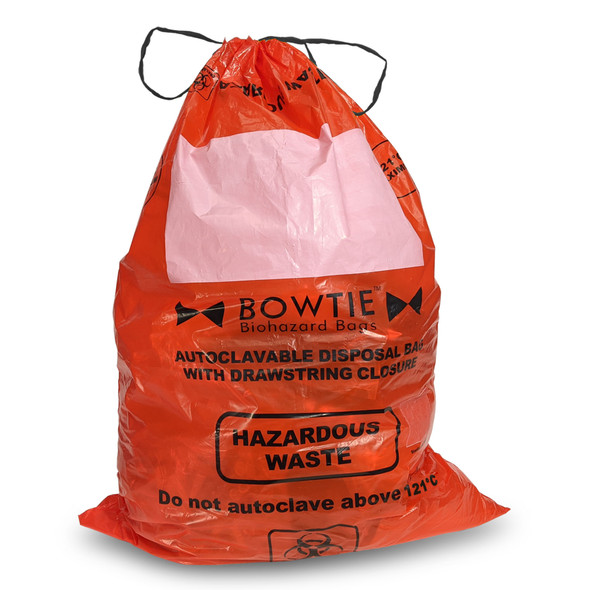 BowtieBiohazard bags, autoclave bag with drawstring, PE, 25 x 35in. (64 x 89cm), with marking area and sterilization indicator, 100/pk